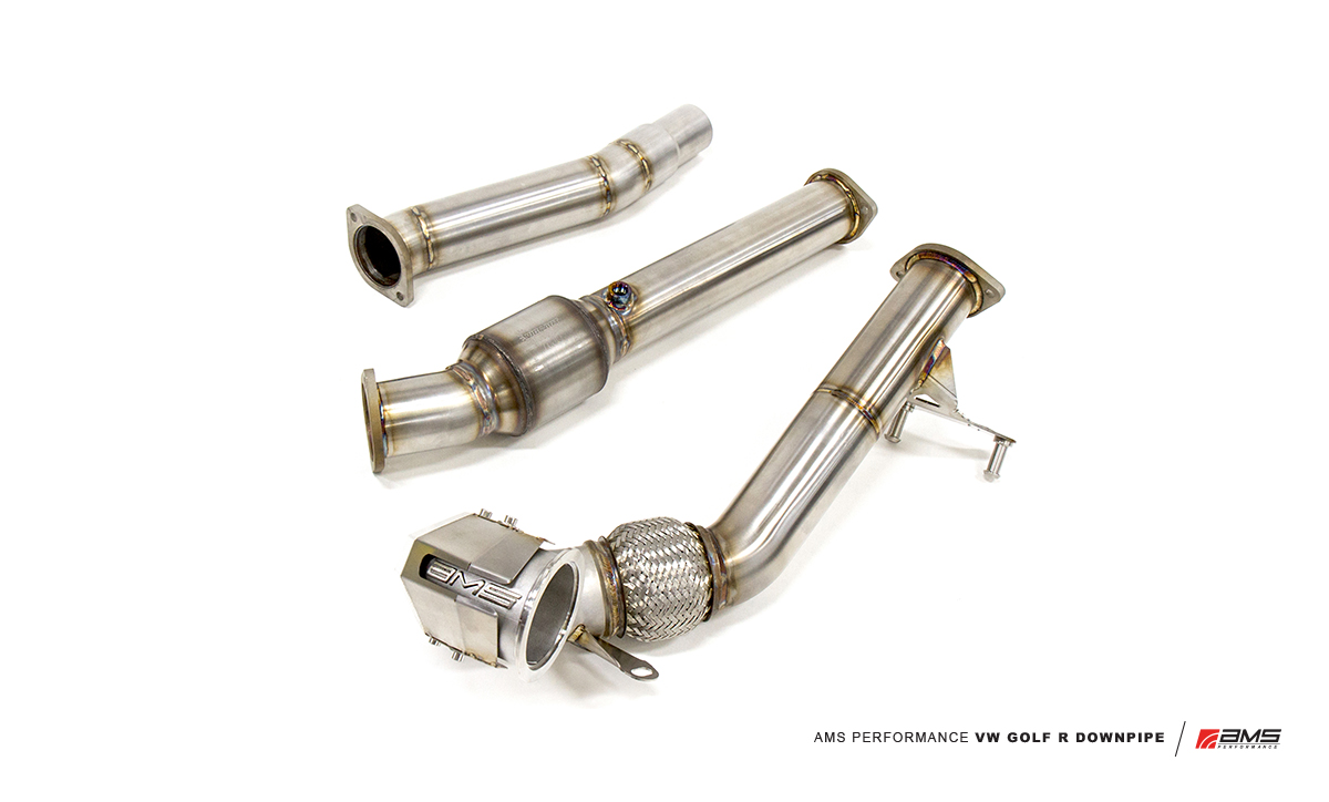 The AMS Performance VW Golf R MKVII Downpipe, Midpipe, and transition.