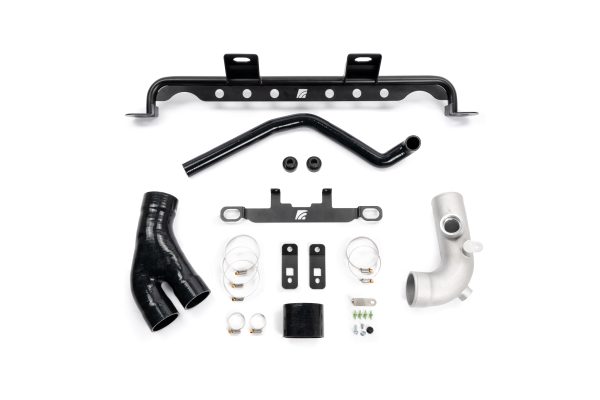 AMS F150 High Mount Intercooler kit components including stainless support bar, upper bracket, couplers and outlet tube