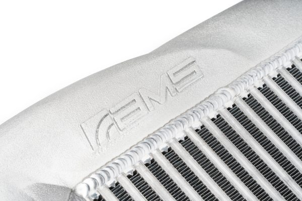 Cast aluminum end tank with AMS logo and bar and plate core on the AMS F150 High Mount Intercooler